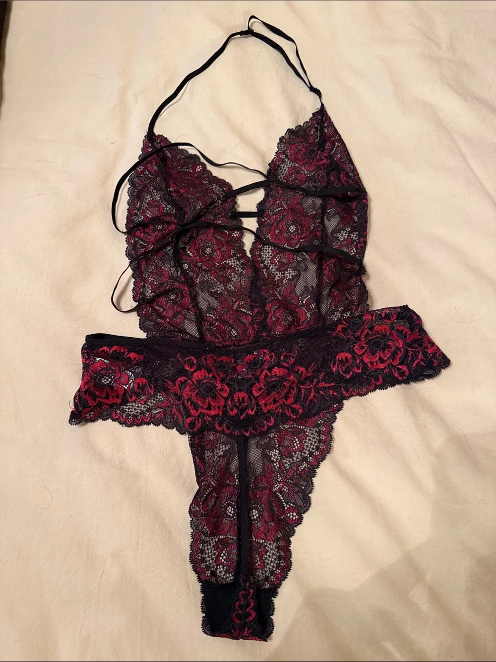 Lace Halter Bodysuit Teddy in Burgundy and Black